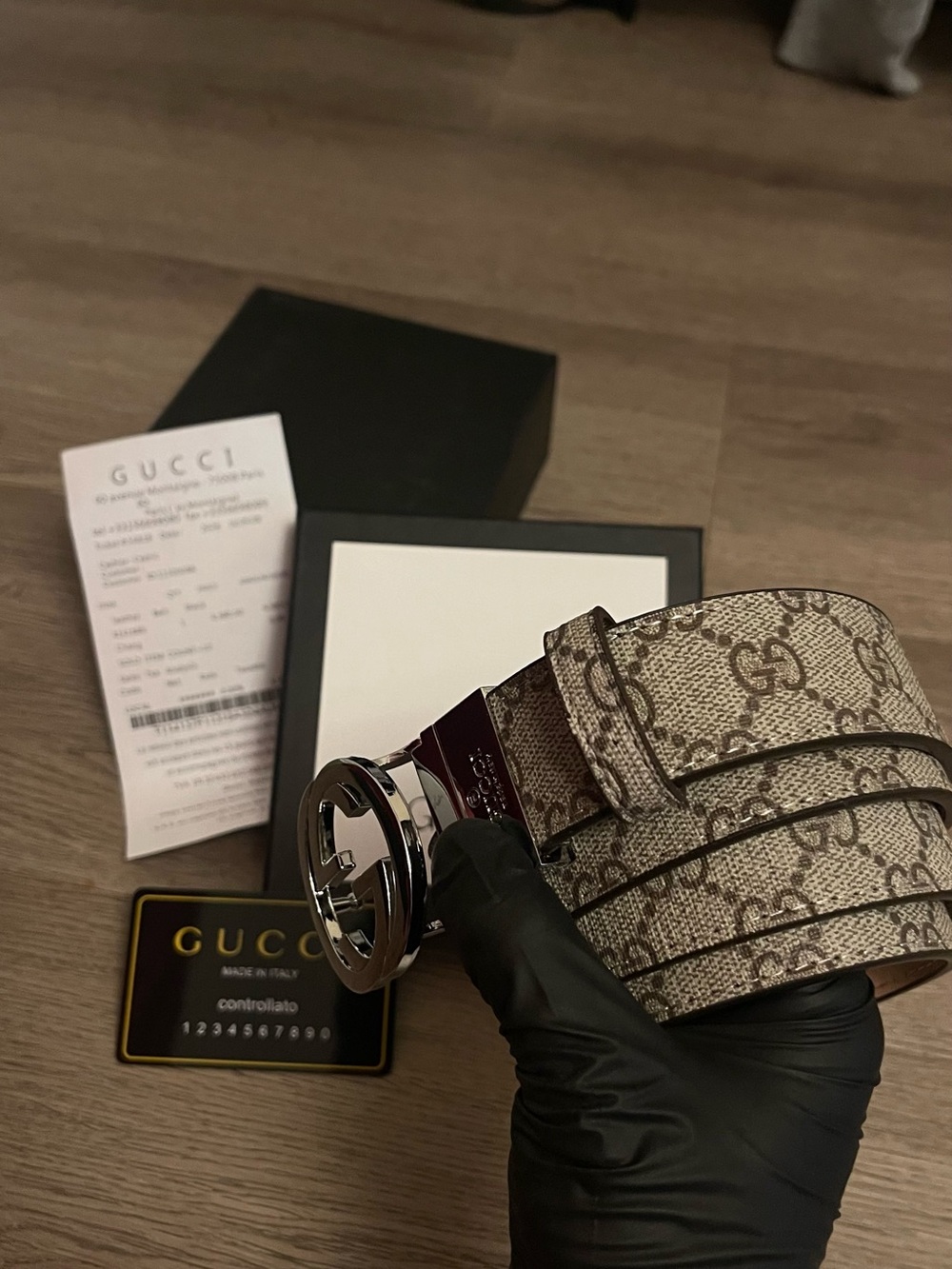 GG Supreme Canvas Men’s Belt with Silver Interlocking G Buckle